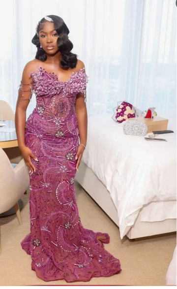 Niulatu Strapless Sheath Long Prom Dresses Beaded Tulle Grape Evening Dresses HZ1026